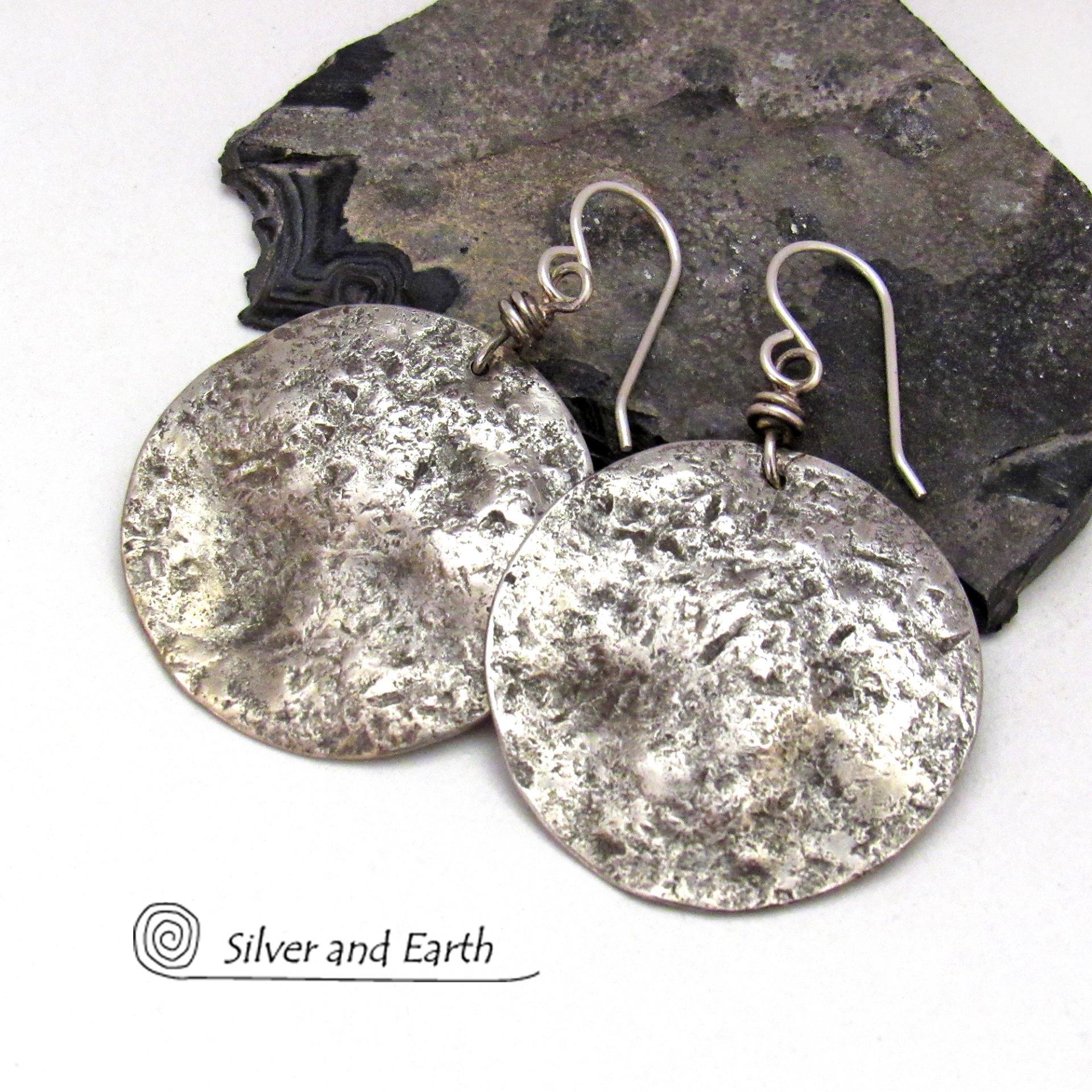Hammered Sterling Silver Moon Earrings Organic Earthy Silver Jewelry Silver and Earth Jewelry